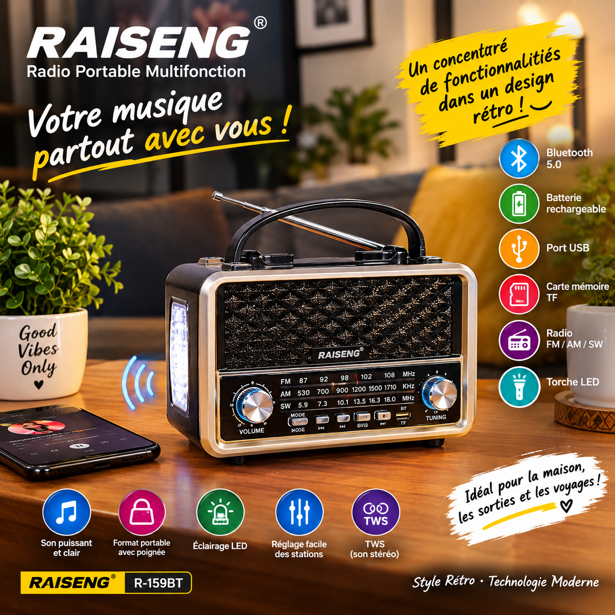 RAISENG R-159BT – Radio portable rétro multifonction